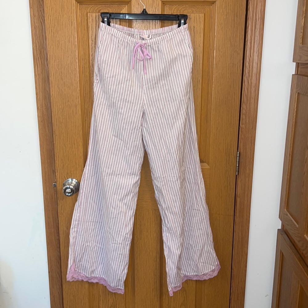 Victoria’s Secret signature pink and white striped, lace trimmed Pajama Pants